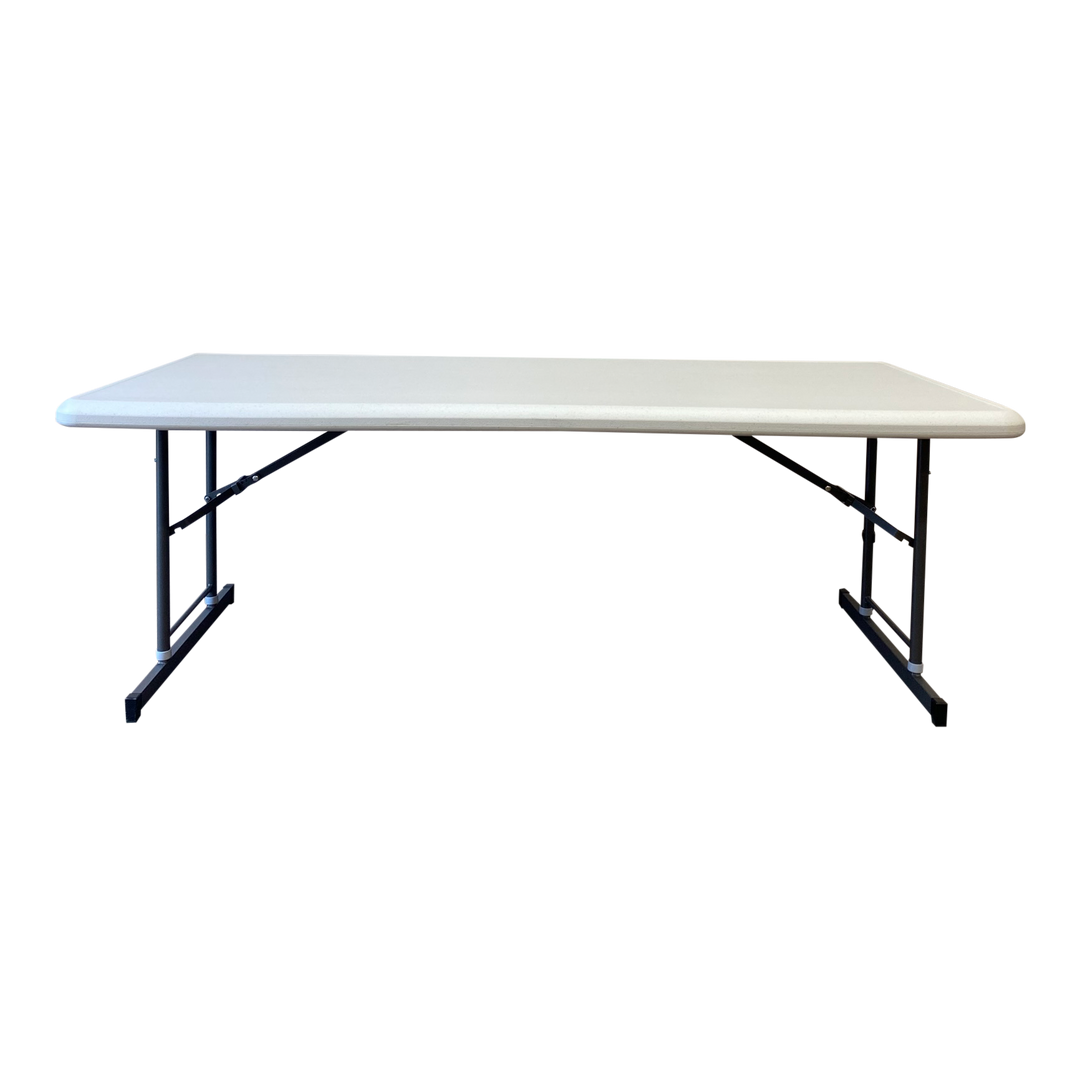A platinum six-foot adjustable height folding table.