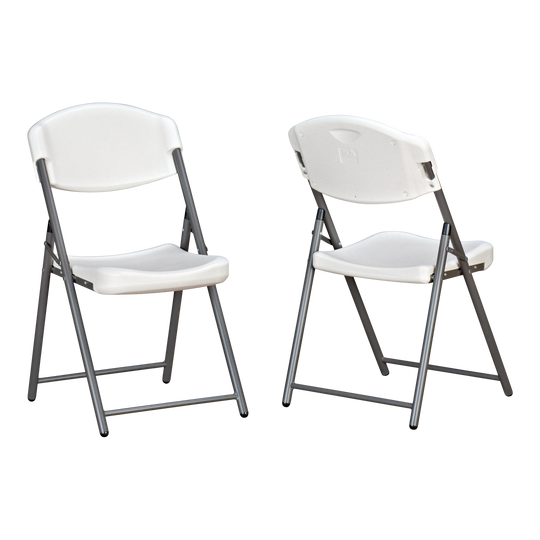 Two platinum chairs. One facing forward the second facing backwards. 