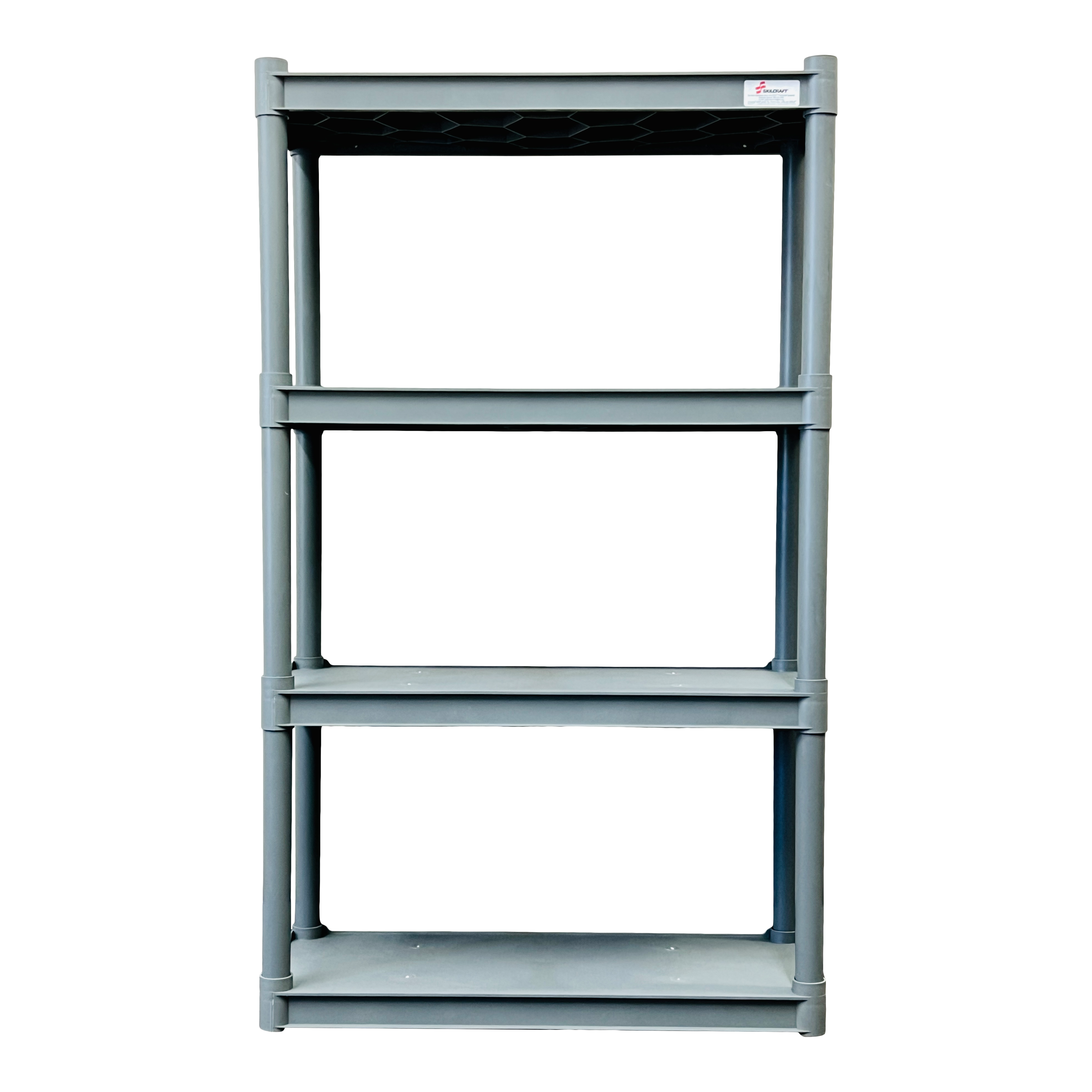 A charcoal four-shelf open storage unit.