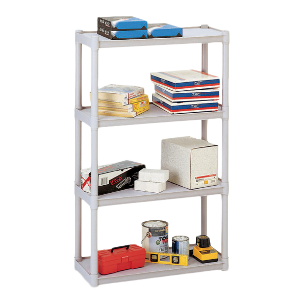 A platinum storage unit with office supplies on each shelf.