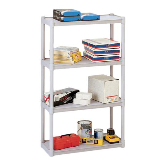 A platinum storage unit with office supplies on each shelf.