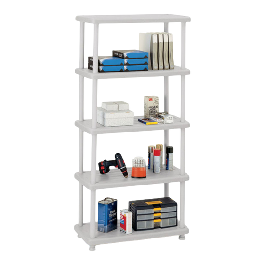 A platinum storage unit with its shelves filled with office supplies.