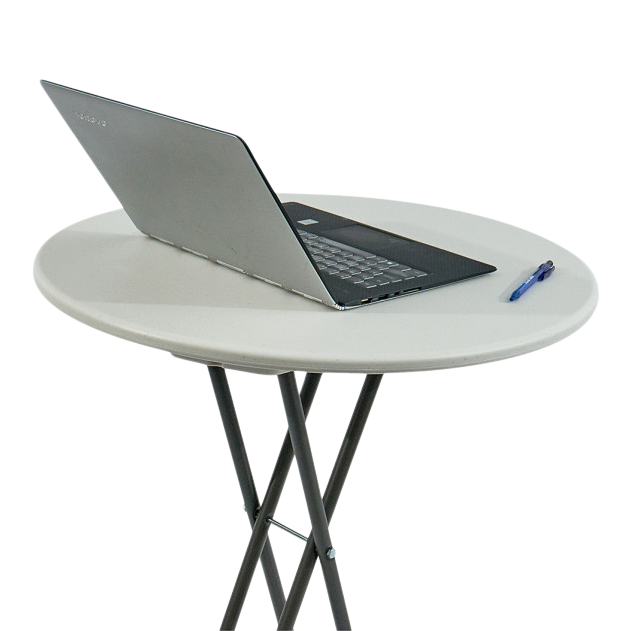 A platinum table with office supplies on top.
